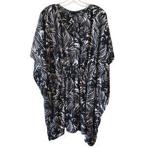 Lane Bryant Black White Palm Leaf Print Beaded Neck Embellished Swim Cover Up